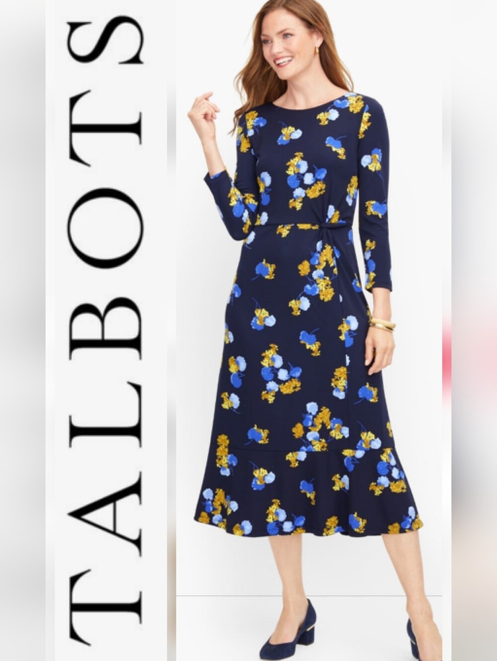 Talbots Navy Floral Midi Dress with Blue and Yellow Blooms